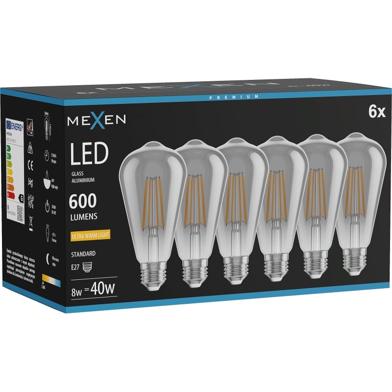 Mexen Vintis 6x LED-Filament-Glühbirne E27, ST64, 8W, Warm - 2200K, 600 lm, Rauch - L152-E27-0822-70x06