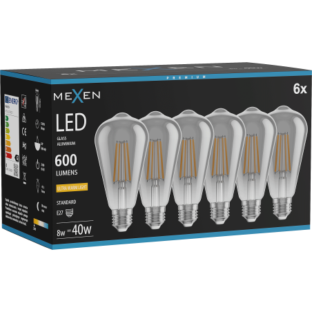 Mexen Vintis 6x LED-Filament-Glühbirne E27, ST64, 8W, Warm - 2200K, 600 lm, Rauch - L152-E27-0822-70x06