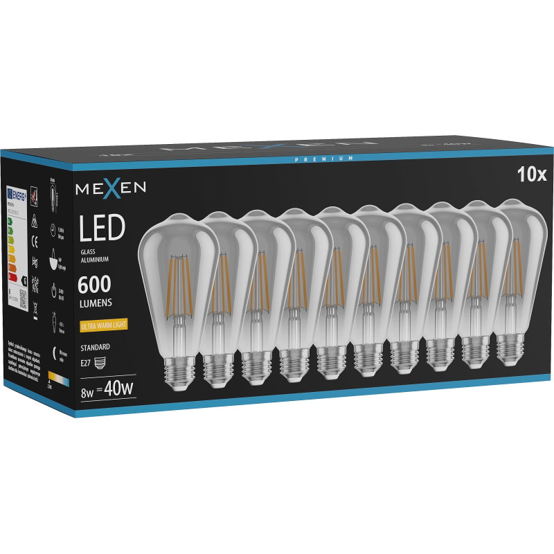 Mexen Vintis 10x LED-Filament-Glühbirne E27, ST64, 8W, Warm - 2200K, 600 lm, rauch - L152-E27-0822-70x10