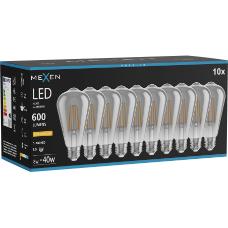 Mexen Vintis 10x LED-Filament-Glühbirne E27, ST64, 8W, Warm - 2200K, 600 lm, rauch - L152-E27-0822-70x10