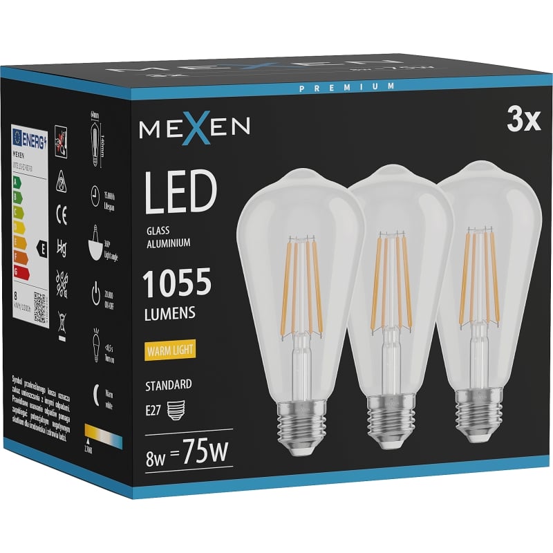 Mexen Vintis 3x LED-Filamentlampe E27, ST64, 8W, Warm - 2700K, 1055 lm, klar - L152-E27-0827-00x03