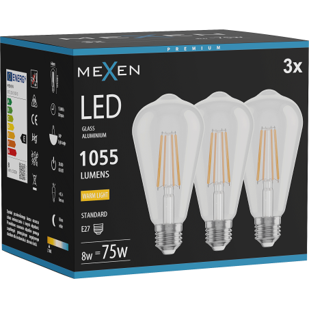 Mexen Vintis 3x LED-Filamentlampe E27, ST64, 8W, Warm - 2700K, 1055 lm, klar - L152-E27-0827-00x03