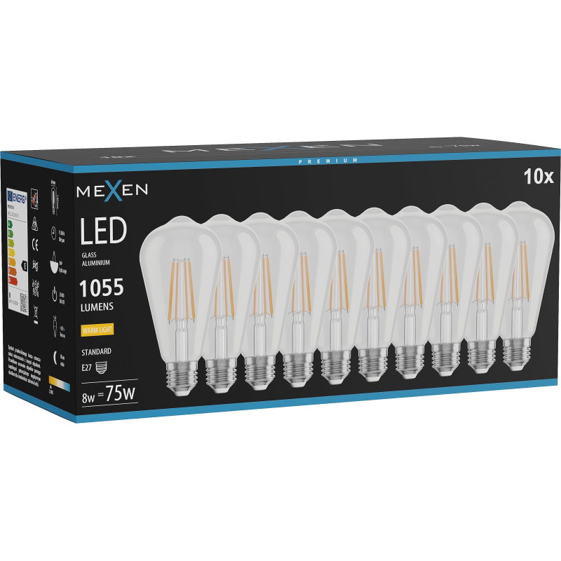Mexen Vintis 10x LED-Filamentlampe E27, ST64, 8W, Warm - 2700K, 1055 lm, klar - L152-E27-0827-00x10