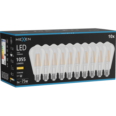 Mexen Vintis 10x LED-Filamentlampe E27, ST64, 8W, Warm - 2700K, 1055 lm, klar - L152-E27-0827-00x10