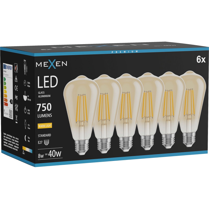 Mexen Vintis 6x LED-Filament-Glühbirne E27, ST64, 8W, Warm - 2700K, 750 lm, amber - L152-E27-0827-50x06