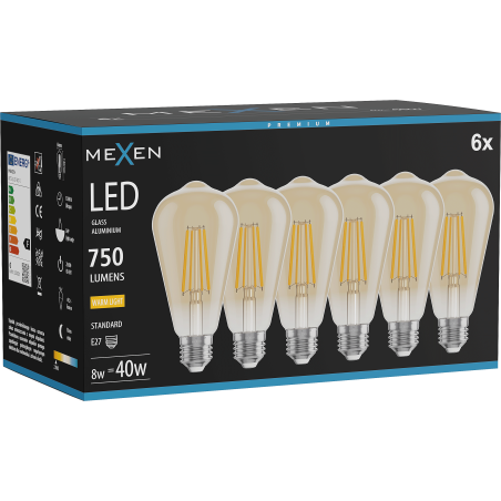 Mexen Vintis 6x LED-Filament-Glühbirne E27, ST64, 8W, Warm - 2700K, 750 lm, amber - L152-E27-0827-50x06