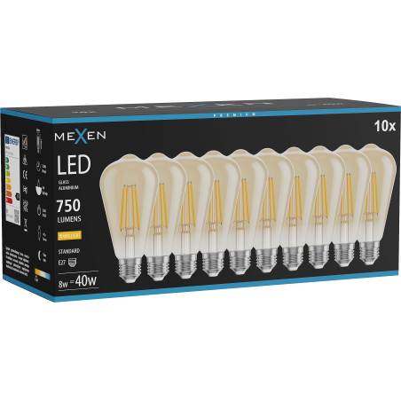 Mexen Vintis 10x LED-Filamentlampe E27, ST64, 8W, Warm - 2700K, 750 lm, bernstein - L152-E27-0827-50x10