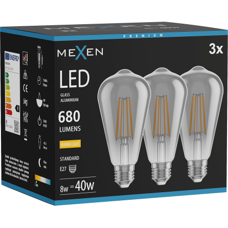 Mexen Vintis 3x LED-Filamentlampe E27, ST64, 8W, Warm - 2700K, 680 lm, Rauch - L152-E27-0827-70x03