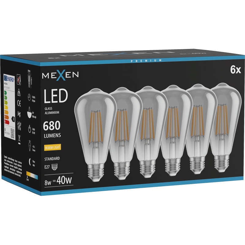 Mexen Vintis 6x LED-Filament-Glühbirne E27, ST64, 8W, Warm - 2700K, 680 lm, rauch - L152-E27-0827-70x06