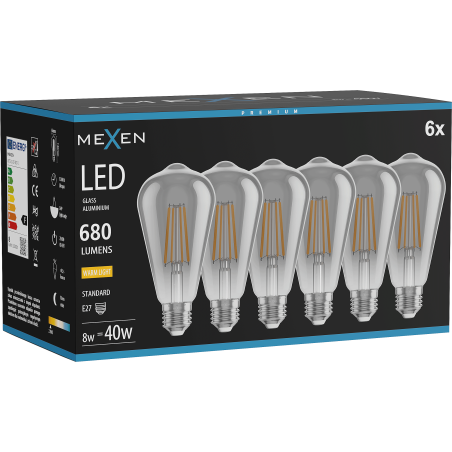 Mexen Vintis 6x LED-Filament-Glühbirne E27, ST64, 8W, Warm - 2700K, 680 lm, rauch - L152-E27-0827-70x06