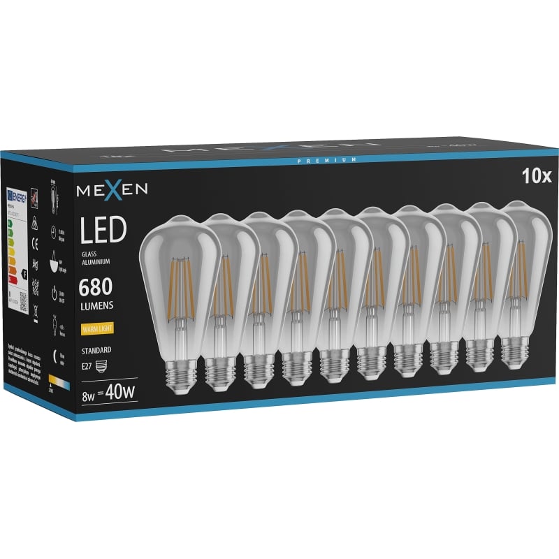 Mexen Vintis 10x LED-Filamentlampe E27, ST64, 8W, Warm - 2700K, 680 lm, Rauchglas - L152-E27-0827-70x10