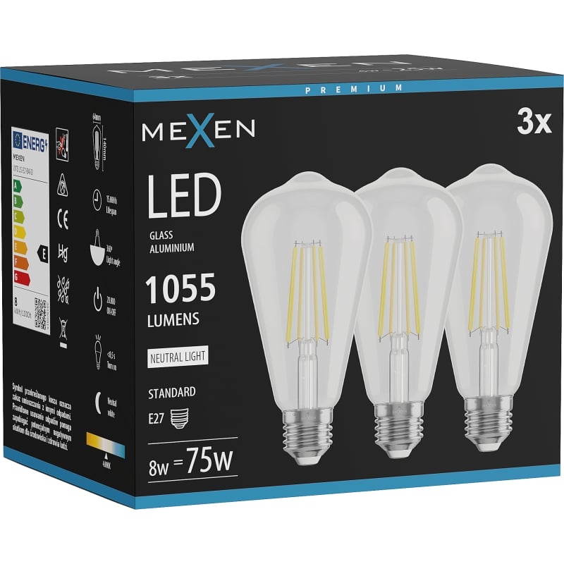 Mexen Vintis 3x LED-Filament-Glühbirne E27, ST64, 8W, Neutral - 4000K, 1055 lm, klar - L152-E27-0840-00x03