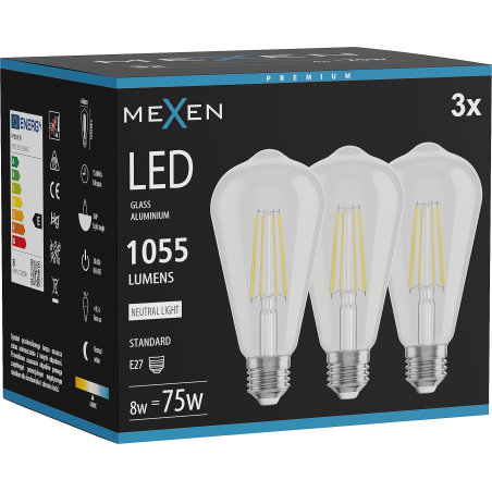 Mexen Vintis 3x LED-Filament-Glühbirne E27, ST64, 8W, Neutral - 4000K, 1055 lm, klar - L152-E27-0840-00x03