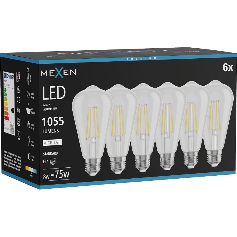 Mexen Vintis 6x LED-Filamentlampe E27, ST64, 8W, Neutral - 4000K, 1055 lm, klar - L152-E27-0840-00x06