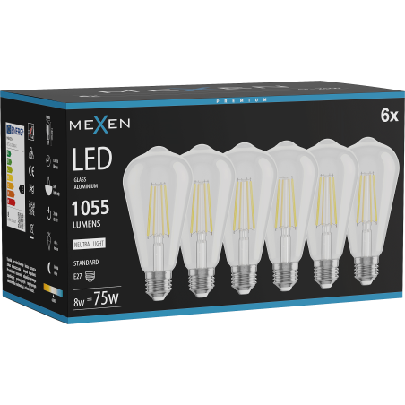 Mexen Vintis 6x LED-Filamentlampe E27, ST64, 8W, Neutral - 4000K, 1055 lm, klar - L152-E27-0840-00x06