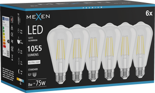 Mexen Vintis 6x LED-Filamentlampe E27, ST64, 8W, Neutral - 4000K, 1055 lm, klar - L152-E27-0840-00x06