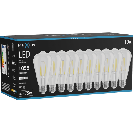 Mexen Vintis 10x LED-Filamentlampe E27, ST64, 8W, Neutral - 4000K, 1055 lm, klar - L152-E27-0840-00x10