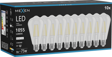 Mexen Vintis 10x LED-Filamentlampe E27, ST64, 8W, Neutral - 4000K, 1055 lm, klar - L152-E27-0840-00x10