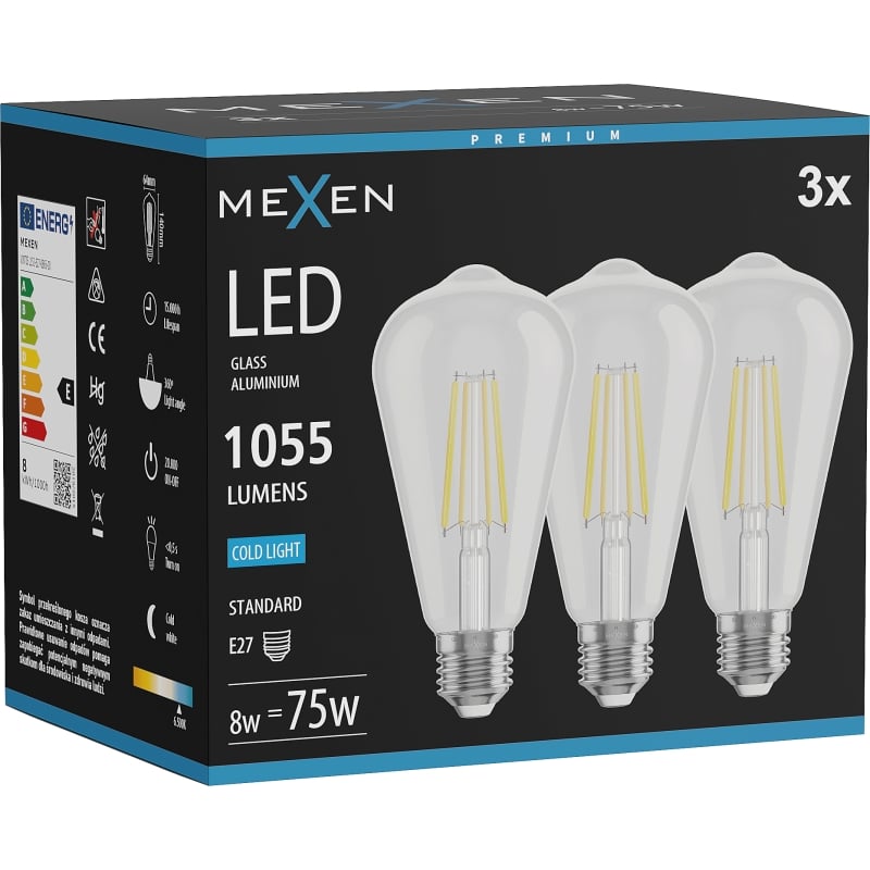 Mexen Vintis 3x LED-Filament-Glühbirne E27, ST64, 8W, Kalt - 6500K, 1055 lm, klar - L152-E27-0865-00x03
