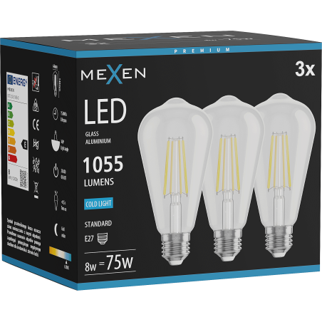 Mexen Vintis 3x LED-Filament-Glühbirne E27, ST64, 8W, Kalt - 6500K, 1055 lm, klar - L152-E27-0865-00x03