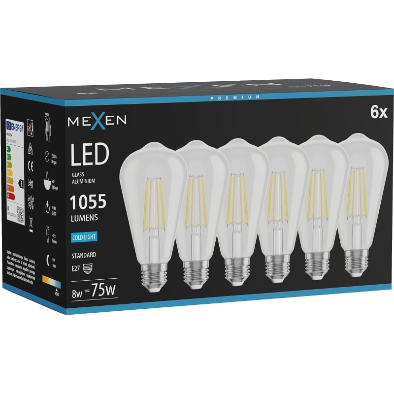 Mexen Vintis 6x LED-Filament-Glühbirne E27, ST64, 8W, Kalt - 6500K, 1055 lm, klar - L152-E27-0865-00x06