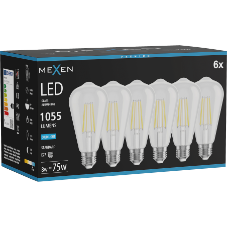 Mexen Vintis 6x LED-Filament-Glühbirne E27, ST64, 8W, Kalt - 6500K, 1055 lm, klar - L152-E27-0865-00x06