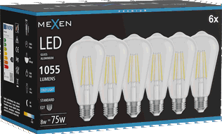 Mexen Vintis 6x LED-Filament-Glühbirne E27, ST64, 8W, Kalt - 6500K, 1055 lm, klar - L152-E27-0865-00x06
