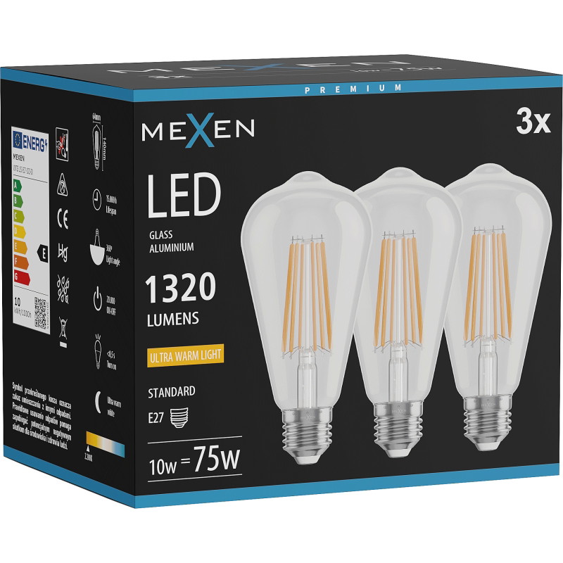 Mexen Vintis 3x LED-Filamentlampe E27, ST64, 10W, Warmweiß - 2200K, 1320 lm, klar - L152-E27-1022-00x03