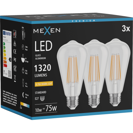 Mexen Vintis 3x LED-Filamentlampe E27, ST64, 10W, Warmweiß - 2200K, 1320 lm, klar - L152-E27-1022-00x03