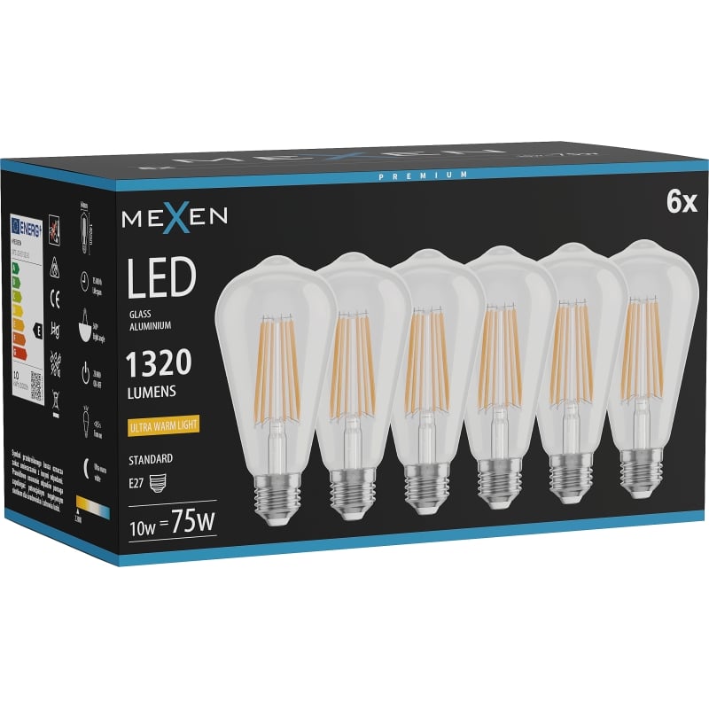 Mexen Vintis 6x LED-Filament-Glühbirne E27, ST64, 10W, Warm - 2200K, 1320 lm, klar - L152-E27-1022-00x06
