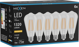 Mexen Vintis 6x LED-Filament-Glühbirne E27, ST64, 10W, Warm - 2200K, 1320 lm, klar - L152-E27-1022-00x06