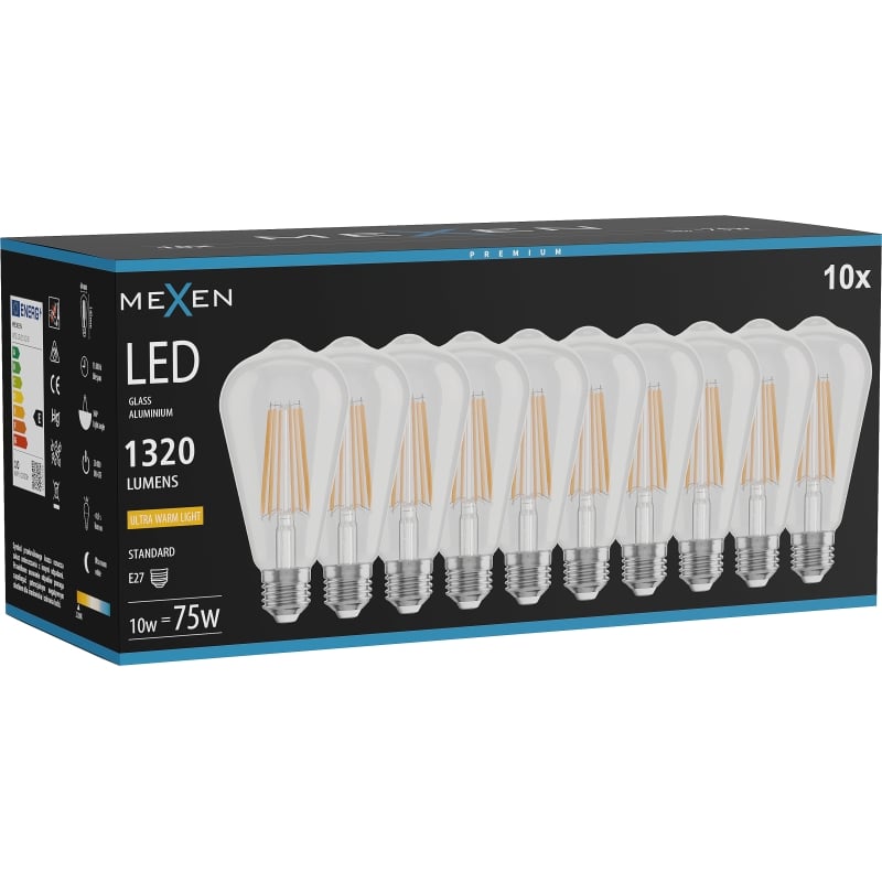 Mexen Vintis 10x LED-Filament-Glühbirne E27, ST64, 10W, Warm - 2200K, 1320 lm, klar - L152-E27-1022-00x10