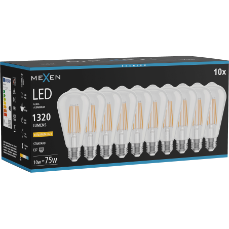 Mexen Vintis 10x LED-Filament-Glühbirne E27, ST64, 10W, Warm - 2200K, 1320 lm, klar - L152-E27-1022-00x10