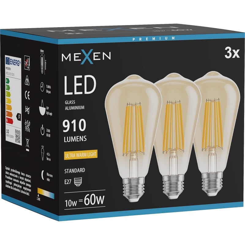 Mexen Vintis 3x LED-Filamentlampe E27, ST64, 10W, Warm - 2200K, 910 lm, amber - L152-E27-1022-50x03