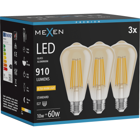 Mexen Vintis 3x LED-Filamentlampe E27, ST64, 10W, Warm - 2200K, 910 lm, amber - L152-E27-1022-50x03