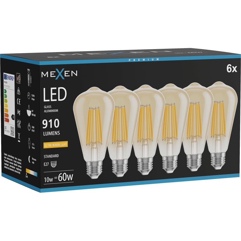 Mexen Vintis 6x LED-Filament-Lampe E27, ST64, 10W, Warm - 2200K, 910 lm, amber - L152-E27-1022-50x06