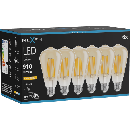 Mexen Vintis 6x LED-Filament-Lampe E27, ST64, 10W, Warm - 2200K, 910 lm, amber - L152-E27-1022-50x06