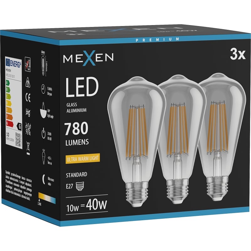 Mexen Vintis 3x LED-Filamentlampe E27, ST64, 10W, Warm - 2200K, 780 lm, Rauch - L152-E27-1022-70x03
