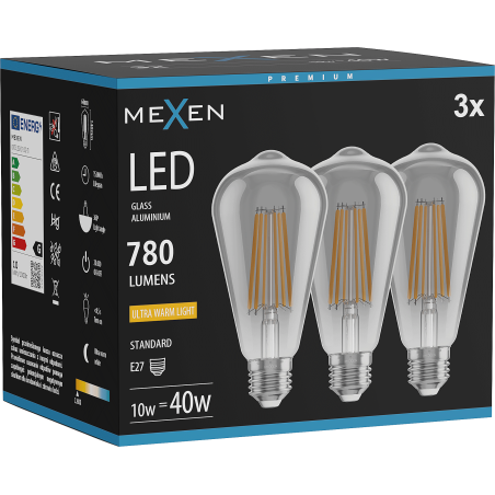 Mexen Vintis 3x LED-Filamentlampe E27, ST64, 10W, Warm - 2200K, 780 lm, Rauch - L152-E27-1022-70x03