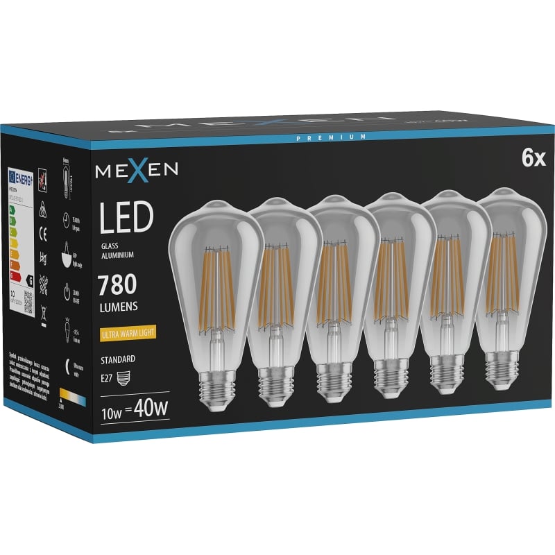 Mexen Vintis 6x LED-Filamentlampe E27, ST64, 10W, Warm - 2200K, 780 lm, Rauchglas - L152-E27-1022-70x06