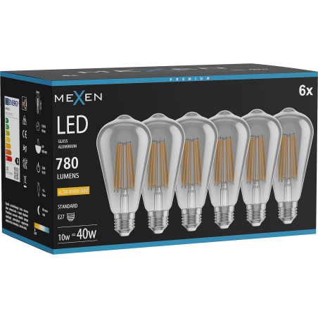 Mexen Vintis 6x LED-Filamentlampe E27, ST64, 10W, Warm - 2200K, 780 lm, Rauchglas - L152-E27-1022-70x06