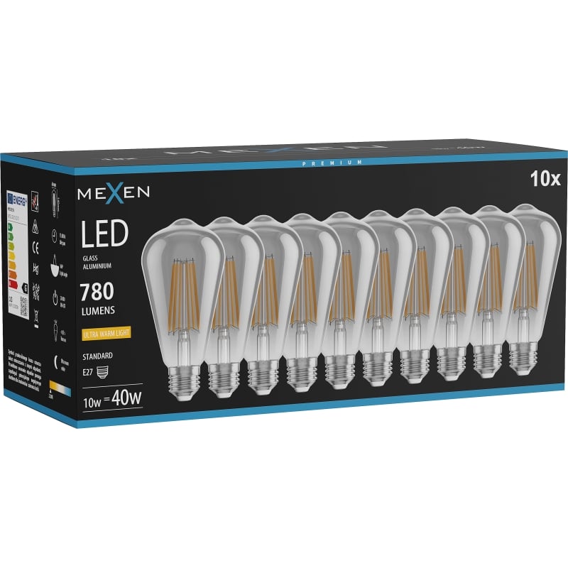 Mexen Vintis 10x LED-Filamentlampe E27, ST64, 10W, Warm - 2200K, 780 lm, Rauch - L152-E27-1022-70x10