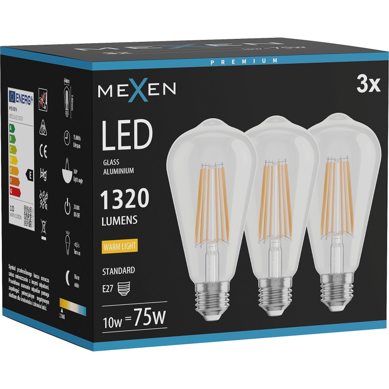 Mexen Vintis 3x LED Filamentlampe E27, ST64, 10W, Warm - 2700K, 1320 lm, klar - L152-E27-1027-00x03