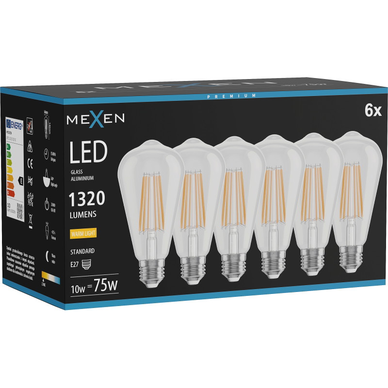 Mexen Vintis 6x LED-Filamentlampe E27, ST64, 10W, Warm - 2700K, 1320 lm, klar - L152-E27-1027-00x06