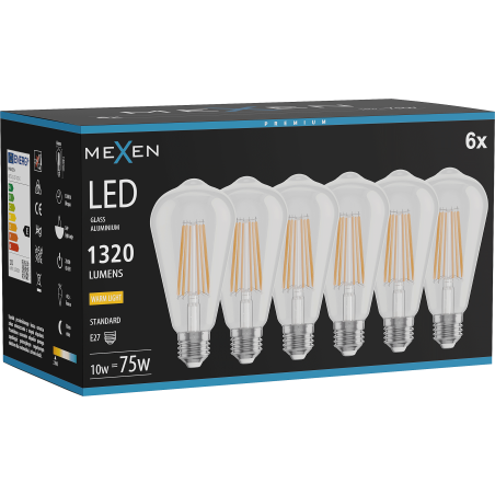 Mexen Vintis 6x LED-Filamentlampe E27, ST64, 10W, Warm - 2700K, 1320 lm, klar - L152-E27-1027-00x06