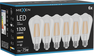 Mexen Vintis 6x LED-Filamentlampe E27, ST64, 10W, Warm - 2700K, 1320 lm, klar - L152-E27-1027-00x06