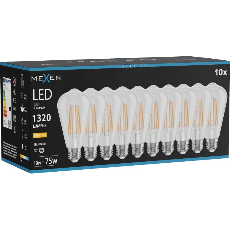 Mexen Vintis 10x LED-Filament-Glühbirne E27, ST64, 10W, Warm - 2700K, 1320 lm, klar - L152-E27-1027-00x10