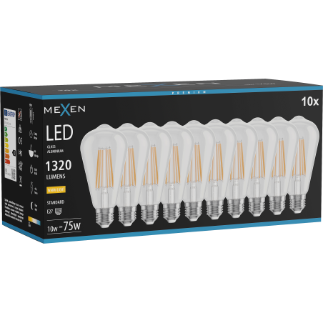 Mexen Vintis 10x LED-Filament-Glühbirne E27, ST64, 10W, Warm - 2700K, 1320 lm, klar - L152-E27-1027-00x10