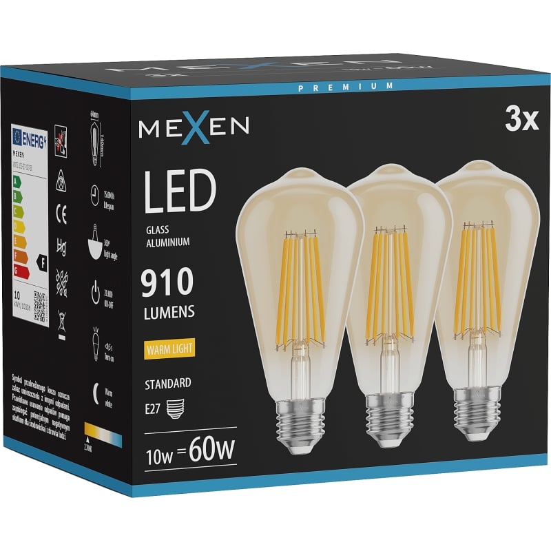 Mexen Vintis 3x LED-Filament-Glühbirne E27, ST64, 10W, Warm - 2700K, 910 lm, amber - L152-E27-1027-50x03