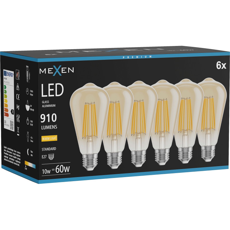Mexen Vintis 6x LED-Filament-Glühbirne E27, ST64, 10W, Warm - 2700K, 910 lm, Amber - L152-E27-1027-50x06